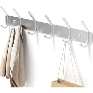 Coat Rack Wall Mount Hooks - 15 Inch Silver Metal 6-Hook Organizer, Grainy Sparkle Finish Wall Mounted, Modern Kids Room, Entryway & Bathroom Hanger for Beach Towels, Coats, Purses, Bags (1 Pack)