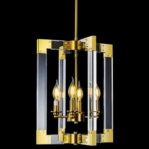 Reaketon 4-Light Modern Gold Chandelier, Hanging Pendant Light Fixture Rectangle Clear Brass Square Pendant Light for Dining Room, Bedroom, Foyer and Entryway