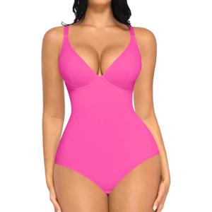 FeelinGirl Shapewear Bodysuits for Women Tummy Control Body Suits Deep V Neck Corset Body Shaper Tops (Large, Pink)