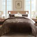 RECYCO Luxury Velvet Quilt Set King Size Bedding Sets, Ultra Soft Velvet Comforter Set, Lightweight Channel Box Stitch Oversized Bedspread Coverlet for All Season, with 2 Shams, Walnut Brown
