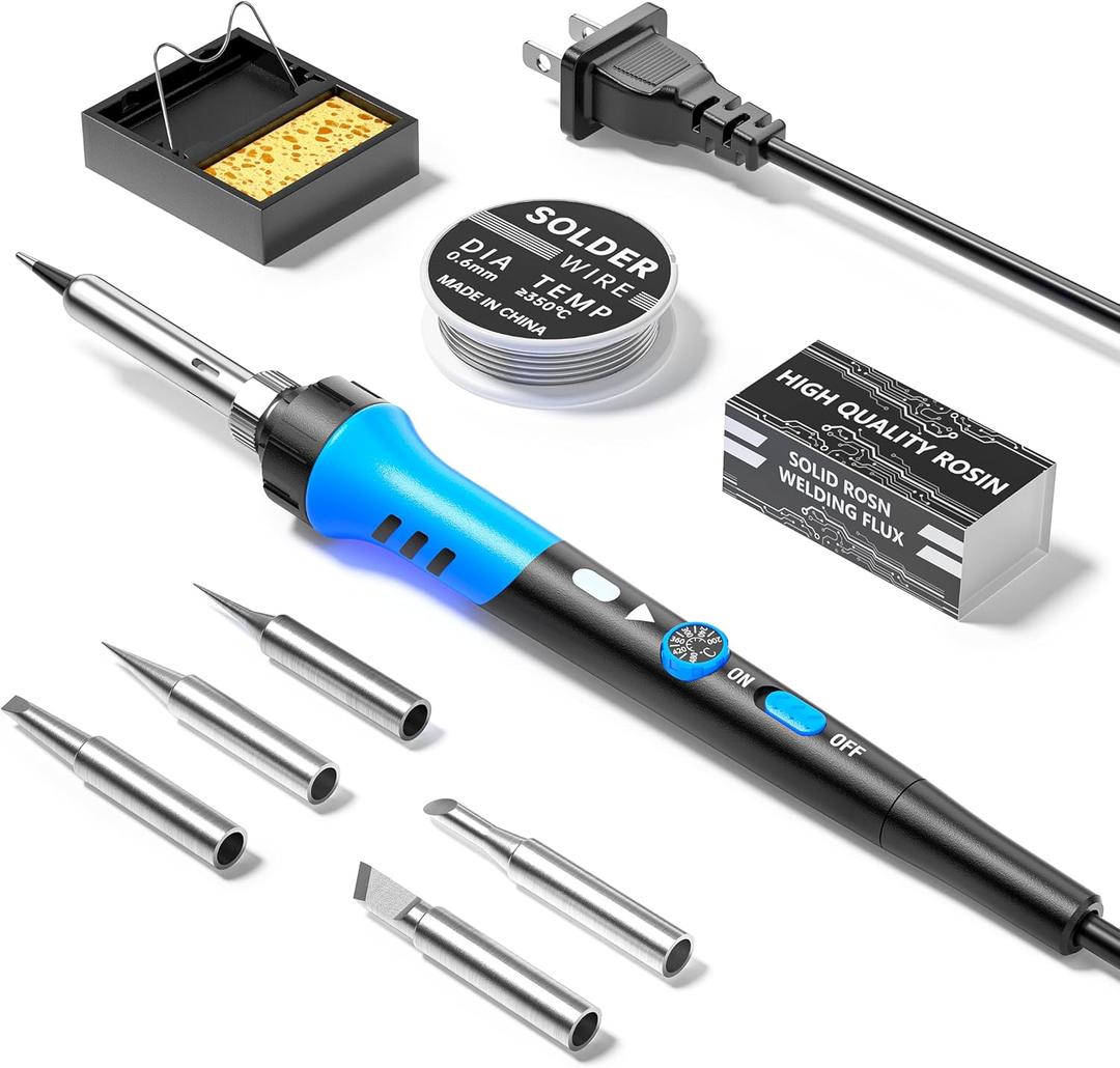 Soldering Iron Kit, 60W gun with Ceramic Heater, 9-in-1 solder kit tool, Adjustable Temperature 200 to 450, Iron Tips, wire, Solder Stand for Welding and Repairing (Blue)