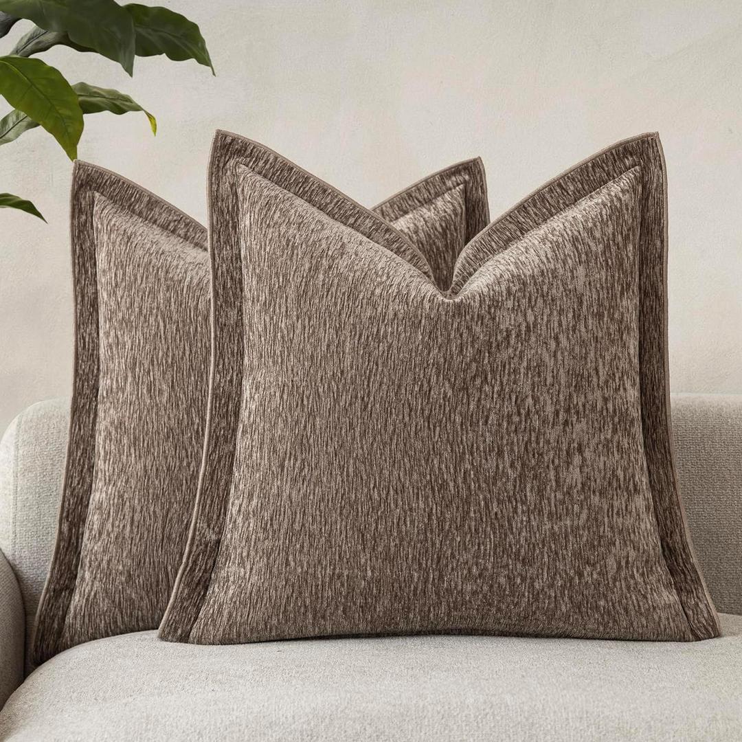 Decorative Chenille Luxury Throw Pillow Covers with Wide Edge, Textured Solid Pillowcases, Soft Velvet Cushion Cover Home Dcor for Couch Sofa Living Room,2020 Inch, Set of 2, Taupe