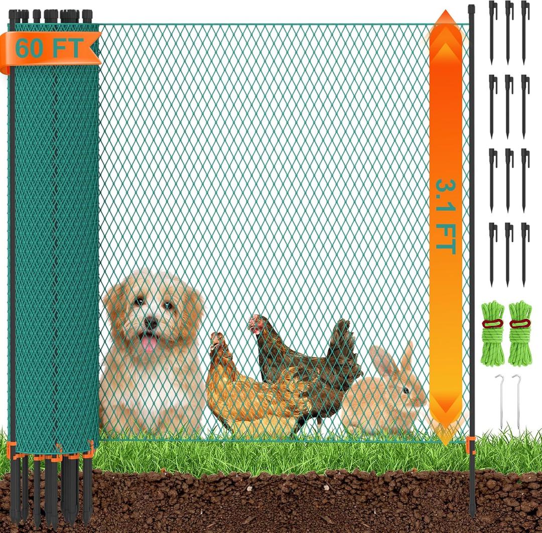 Temporary Fence with Garden Posts & 3.1'H x 60'L Plastic Mesh,Portable Snow Fencing with Windbreak Rope and Ground Stakes,Dog Fence Outdoor for Yard,Backyard Fences,Garden Fence Protect Barrier
