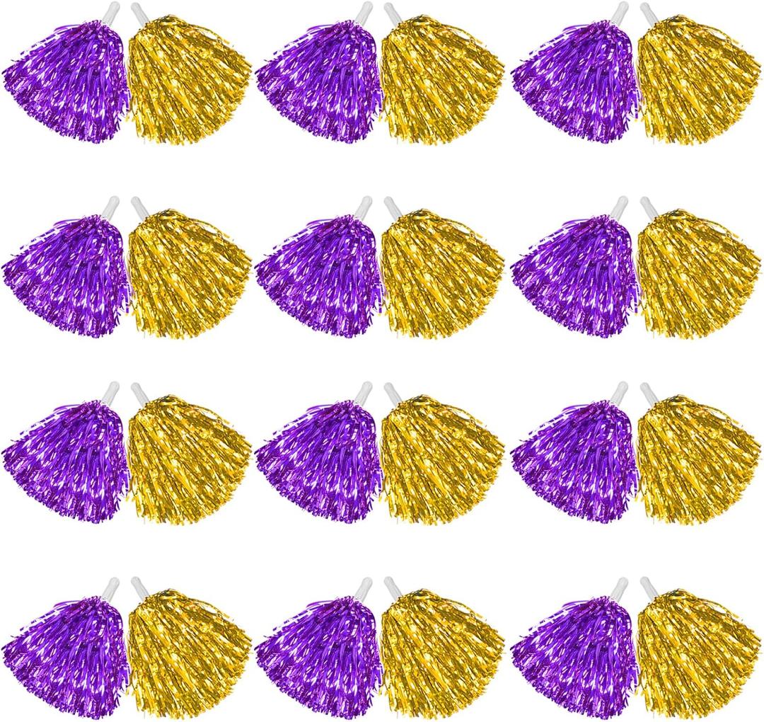 DILIBRA 24 Pcs Metallic Cheerleading Pom Poms for Kids, Cheerleaders Cheer Pom Poms with Baton Handle, Cheering Squad Hand Flower for Adults Team Spirit Sports Game Dancing Party