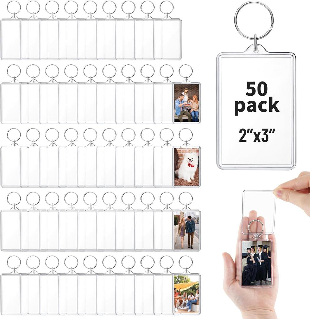 50 Pcs Acrylic Photo Keychain Bulk, Clear Photo Keyrings for Zink Photo Paper 2x3 inch, Shatterproof Acrylic Keychains with Split Rings, DIY Custom Keyring Frames for Gifts, Parties & Crafts
