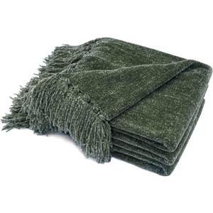 RECYCO Throw Blanket Soft Cozy Chenille Throw Blanket with Fringe Tassel for Couch Sofa Chair Bed Living Room Gift (Dark Green, 50" x 60")
