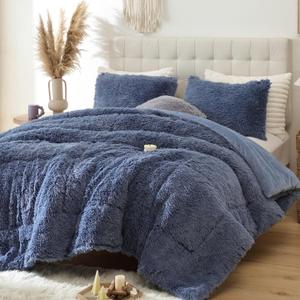 Smoofy Fluffy Queen Comforter Set, Faux Fur Comforter Set Queen Size, Luxury Fuzzy Bedding Set, Soft Shaggy Bed Set for All Season, 3 Pieces - 1 Comforter & 2 Pillowcases, Infinite Blue