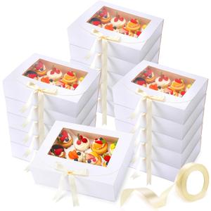 20 Pack Cupcake Boxes Hold 12 Standard Cupcakes, 12 Count Cupcakes Boxes, Food Grade Cupcake Holders with Window and Ribbon for Desserts Birthday Holiday Party Supplies, 13'' x 10'' x 3.5''