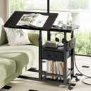 Height Adjustable Overbed Table with Wheel and Charging Station, Tiltable Desk C Shaped End Table for Couch, 2-Tier Overbed Bedside Desk with Storage Shelve for Living Room Bedroom