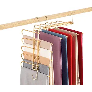 Pants Hangers Space Saving,Closet Hangers 5 Layers 2 Uses Multi Functional Pants Rack,Metal Heavy Duty Wardrobe Organizer Racks for Clothes Trousers Scarves Ties (Silver)