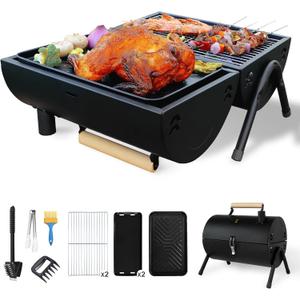 Portable Charcoal Grill Barbecue Grill Folding Set Double Sided +Barbecue Pan Net+6PCS Tools for Outdoor Camping BBQ Grilling Backyard Party Cooking Chimney Tabletop Grill & Grilling Black