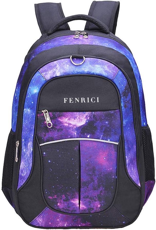 Fenrici Large Kids Backpack for Boys, Girls, 18 Inch Book Bags, 10 Compartments, 360 Laptop Protection (Galaxy Purple)