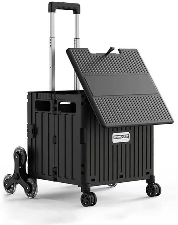 Foldable Shopping Cart with Stair Climbing Wheels, Collapsible Utility Crate on Wheels with Telescoping Handle, Portable Rolling Grocery Trolley for Groceries, Books, Tools, Teachers (Black, 8 Wheels)