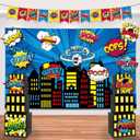 17Pcs Super Theme Hero Party Photography Backdrop for Hero Birthday Decorations with Hero Background Skyscraper City Boxes Hero Cutouts Super Banner for Super Theme Hero Birthday Party Supplies
