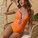 fatty tiger Orange One Piece Swimsuits for Women 2026 Cutout Tummy Control Bathing Suit Color Block Summer Beach Swimwear L (Orange, L)