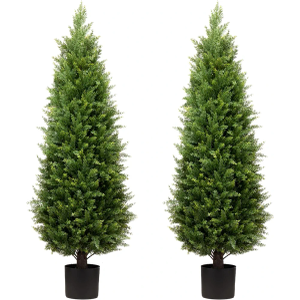 4ft Artificial Cedar Trees Artificial Topiary Trees Set of 2 Faux Cypress Plants UV Resistant Potted Bushes Faux Shrubs for Outdoor Indoor Front Porch Garden