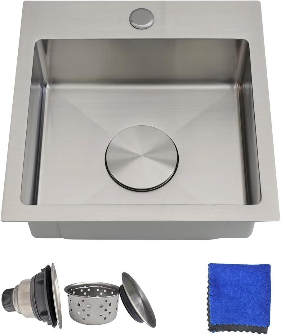 15 Inch Bar Sink Drop In - Delironexu 18 Gauge Stainless Steel Small Kitchen Sink, 15"x15" Single Bowl Square Wet Bar with Brushed Finish for Outdoor, RV, and Prep Use