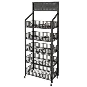 5 Tier Supermaket Snack Rack Display Stand, Free-Standing Black Retail Display Shelves with 12 Hooks & 4 Wheels, Large Metal Snack Shelf for Store Business, 5 Tier-iron Wire