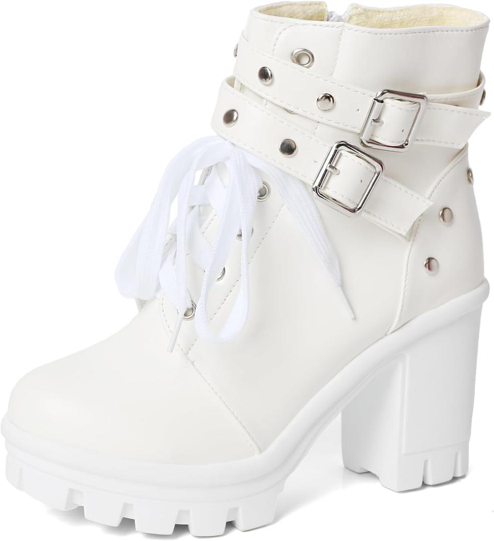 MEOTINA Goth Platform Boots Lace Buckle Gothic Cosplay Booties Chunky High Heels Ankle Boots Zipper Punk Shoes (10.5)