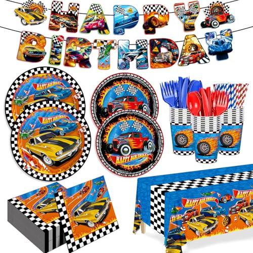 194pcs Birthday Party Decorations Supplies Race Car Plates Napkins Banner Tablecloth Disposable Paper Cups Straws Tableware Set for Kids Boys Birthday Decor 24 Guests