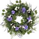 24 Inches Artificial Floral Wreath + 2 Extra Spray! Lavender, Purple Hydrangea, White Berries and Greenery! Blue and White Wreath
