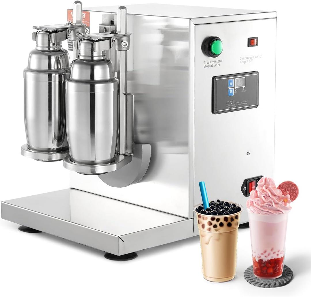 VEVOR Milk Tea Shaker, Electric Double Frame Milk Tea Shaker Machine, 0-180s Adjustable Milk Shake Mixer Machine with Double 750ML Stainless Steels Cups for Bubble Tea Boba Tea Juice Coffee Milk Wine