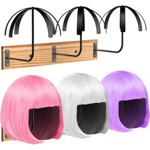 Hanging Wig Stand for Multiple Wigs, 6 PCS Wall Mounted Wig Hanger Holder, Durable Wig Storage Organizer Rack for Display, Storage, Styling, Drying (Carbon Steel and Wood) (Black and Natural)