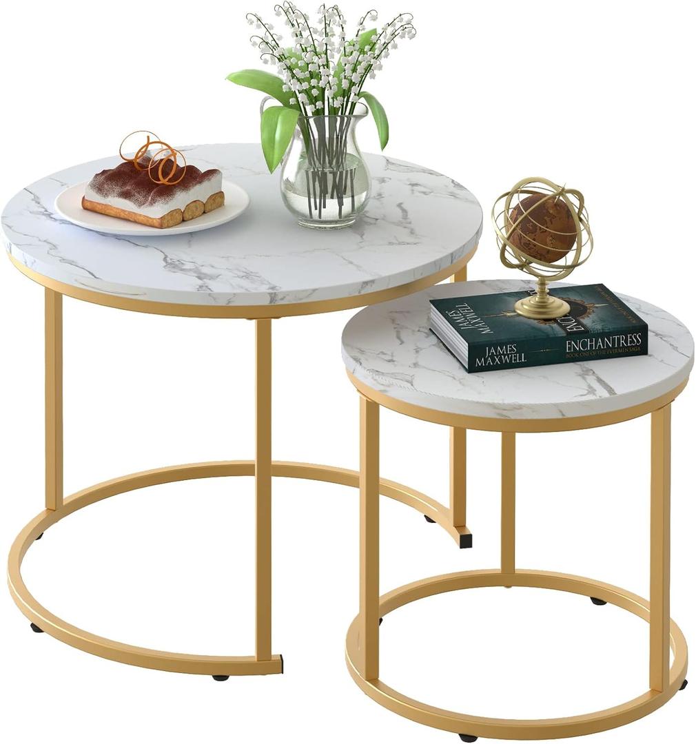 aboxoo Coffee Table Nesting White Set of 2 Side Set Golden Frame Circular Round and Marble Pattern Wooden Tables, Living Room Bedroom Apartment Modern Industrial Simple Nightstand (Gold White)