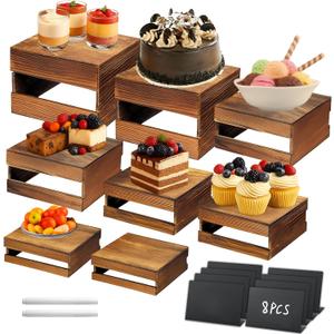 8PCS Wooden Buffet Risers and Stands with Reusable Table Signs, stackable Cube Rustic Wood Food Risers for Buffet Display, Cupcake Holder, Cupcake Stand, Dessert Table Display Set, 8PCS