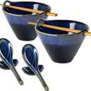 UNICASA Japanese Ramen Bowl Set with Chopsticks, Spoons and Rests, 20oz Deep Porcelain Noodle Bowl Set of 2 for Udon, Pho, Salad, Soup (Reactive Blue)