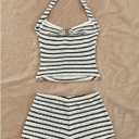 MakeMeChic Women's Summer 2 Piece Sets Striped Knit Halter Tank Tops Mini Shorts Set Beach Vacation Outfits Black White Large