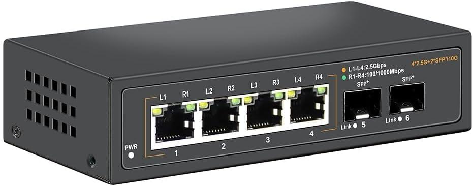 2.5G Unmanaged Ethernet Switch with 4 x 2.5G Base-T Ports and 2 x 10G SFP Uplink Port, Compatible with 100/1000/2500Mbps, Fanlesss Design, Plug & Play, Metal 2.5Gb Network Switch