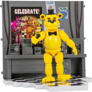 Jazwares Five Nights at Freddys Golden Freddy Office Set - 5-Inch Articulated Figure with Jumpscare Feature, Glow-in-The-Dark Eyes, and Optical Diorama