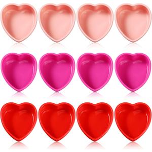 12 Pcs Valentine Heart Shaped Cake Pans Galentine Pink Red Silicone Mini Heart Cake Mold Nonstick Dessert Pan Chocolate Baking Tray Bakeware for Valentine Birthday Cupcake Muffin Tool(Multicolor,4'')