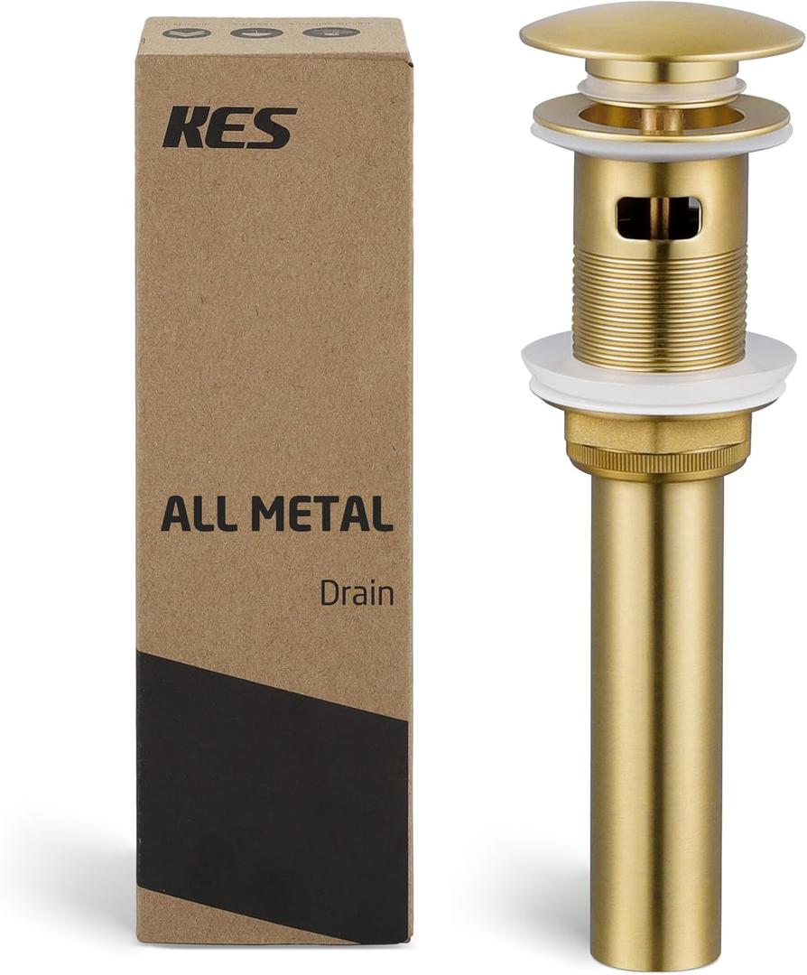 KES Vessel Sink Drain Pop Up Drain with Overflow Bathroom Stopper Assembly Brushed Gold for 1.6"-1.9" Sink Hole, All Metal Rustproof Brass and 304 Stainless Steel, S2008A-BZ