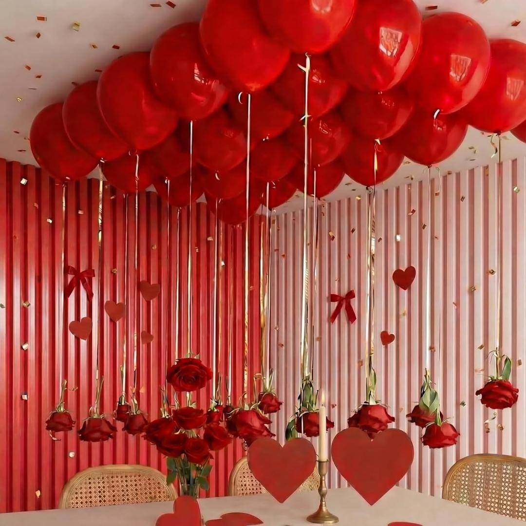 Zeyune 30 Set Valentine's Day Red Rose Hanging Garland Set 30 Valentines Balloons 30 Artificial Artificial Rose Decor DIY Floating Flower String Garland for Valentine Galentines Ceiling Wedding Home