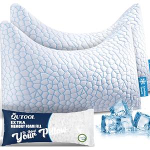 QUTOOL Double Sided Cooling Pillow for Side and Back Sleepers, Adjustable Soft & Firm Shredded Memory Foam Pillows for Neck Pain Relief, Curved Bed Pillows Queen Size Set of 2