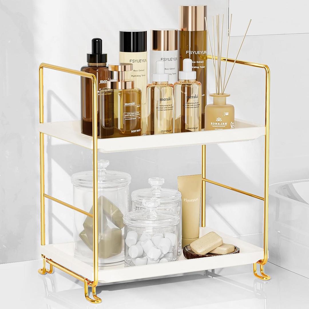 FSyueyun 2-Tier Bathroom Countertop Organizer, Tool-Less Premium Plastic Makeup Organizer - Bathroom Tray for Perfume, Skincare, Cosmetics on Dresser, or Bedroom(White and Gold)