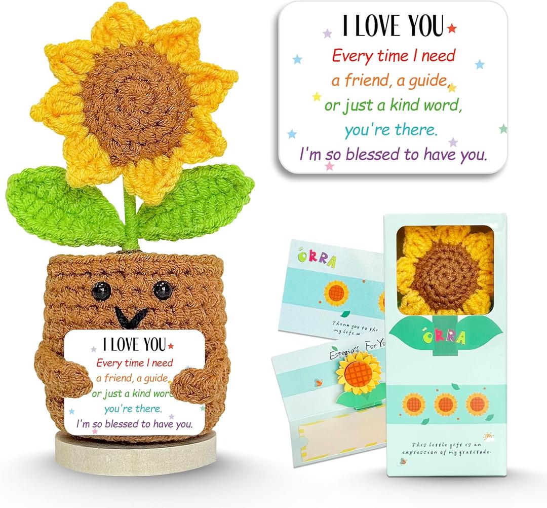 3 x Birthday Gifts for Mom, Handmade Positive Crochet Sunflower for Home Office Desk Decor, Thank You Gifts for Women Teacher Friend Daughter Nurse Coworker,Emotional Support Plant with Positive Card (I`m So Blessed to Have You)