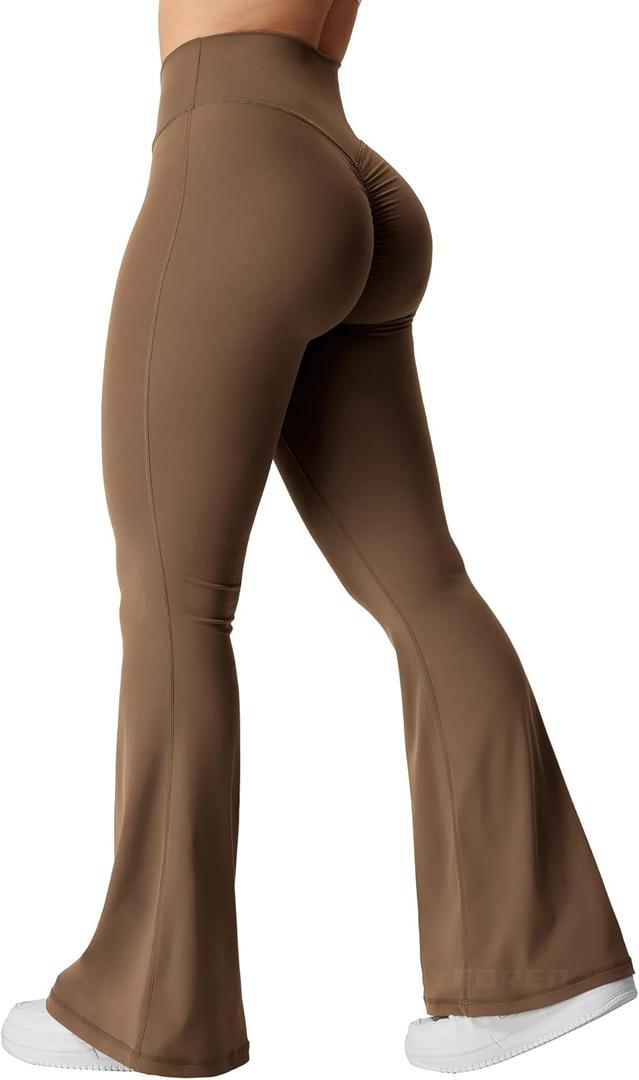 YEOREO Kalie Flare Scrunch Leggings for Women V Cross Waist Bell Bottom Yoga Pants Tummy Control Bootcut Workout Leggings (Large, Brown)