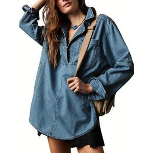yoeasy Women's Denim Pullover Oversized V Neck Jean Shirt Loose Fit Long Sleeve Denim Jacket With Pocket (XX-Large, Dark Blue) yoeasy Women's Denim Pullover Oversized V Neck Jean Shirt Loose Fit Long Sleeve Denim Jacket With Pocket (XX-Large, Dark Blue)
