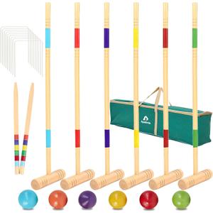 ApudArmis 32In Six Player Croquet Set with Deluxe Premiun Pine Wooden Mallets,Colored Ball,Wickets,Stakes - Lawn Backyard Game Set for Adults/Teens/Family (Large Carry Bag Including), 32'' Regulation