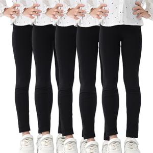 Stretchy Footless Girls' Leggings: Easy Pull-On Warm Tights 4-12 Year Olds Comfortable Heel-Free All-Day (Black/Black/Black/Black/Black/)