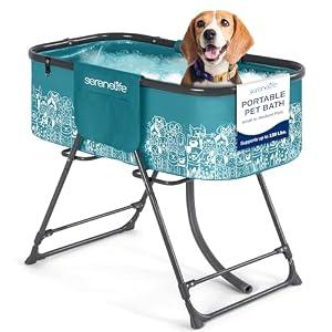 SereneLife Foldable Dog Bath Tub with Adjustable Height, 360° Access, Drain Hose & Storage Pockets – 130 lb Capacity Grooming Station for Indoor/ Outdoor Use, Blue