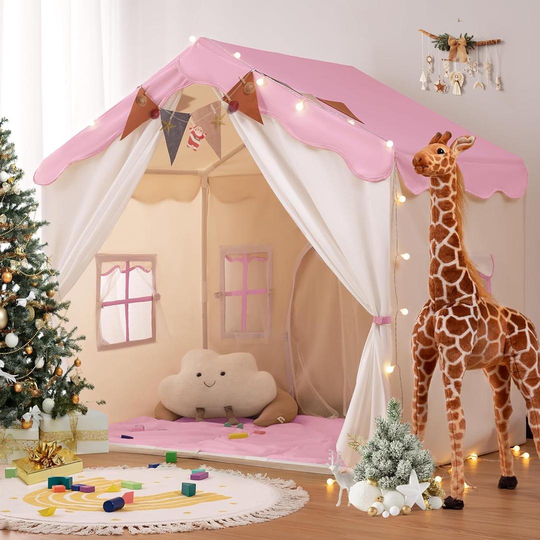 Besrey Kids Tent, Kids Play Tent 2 in 1 with Padded Mat and Lights, Large Playhouse with 2 Doors & 4 Windows, Indoor & Outdoor, Christmas Toddler Playhouse, 51" x35" x 51" (Pink)
