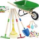 Qtioucp Kids Wheelbarrow Set with Gardening Tools Outdoor Backyard Garden Play for Toddlers Boys Girls 3-8, with Shovel, Rake, Leaf Rake, Easter Birthday Gifts (Green Garden Set)
