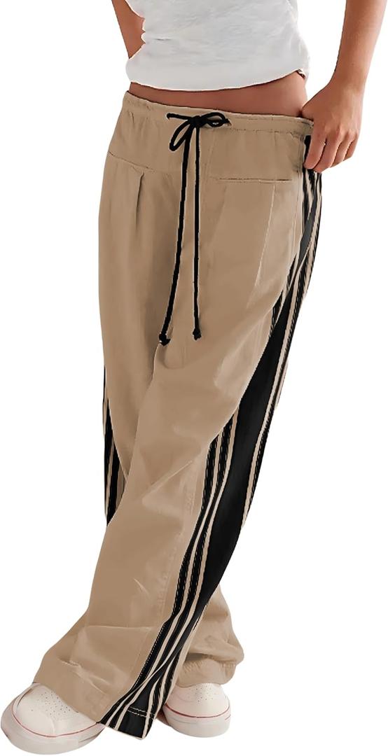 Hongsui Women's Wide Leg Pants Drawstring High Rise Side Striped Slouchy Palazzo Pants with Pockets (Large, Khaki)