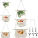 Hanging Baskets for Organizing, 3 Tier Detachable Wall Hanging Fruit Basket Over the Door Organizer for Fruit Vegetable Plant, Beige Boho Cotton Crocheted Fruit Holder for Kitchen Bathroom Bedroom