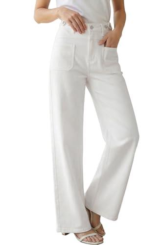 Arach&Cloz Womens Wide Leg Jeans 2026 All-Season Fashion Capsule Wardrobe Stretchy Bootcut Jeans High Waisted Trousers Casual Trendy Loose Denim Straight Pants with Pockets White Small