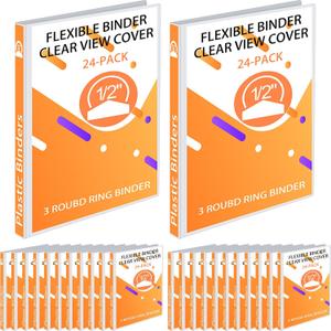 Fulmoon 24 Pcs 3 Ring Plastic Binders Bulk with 2 Pockets Flexible Binder with Transparent View Cover Plastic Binder for Home Office(1/2 Inch,White)